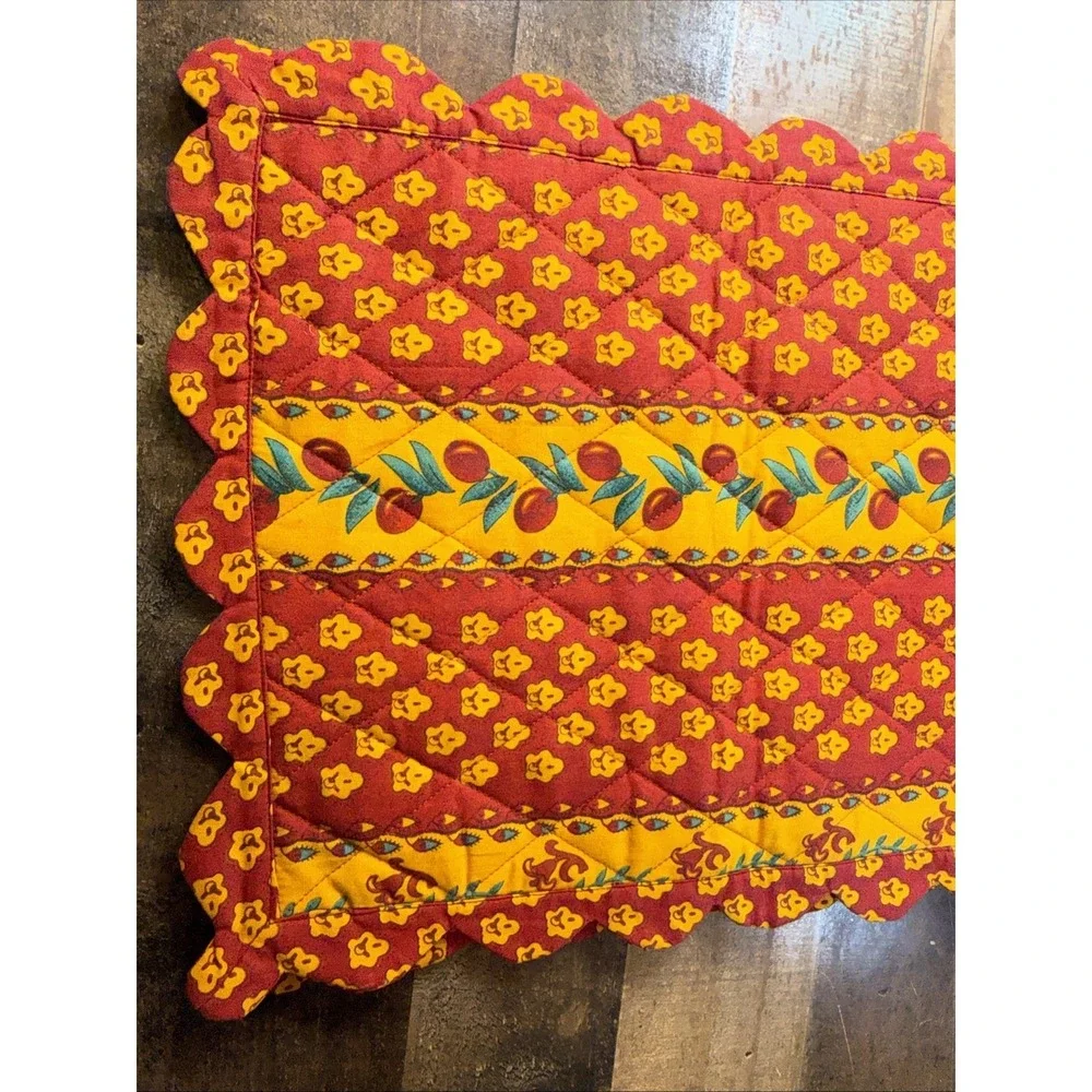 Quilted Table Runner 72x14 Cotton Indian Floral Red Yellow French Country